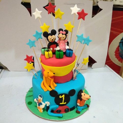 Mickey & Minnie Mouse Theme 2 Tier Fondant Cake Delivery in Faridabad