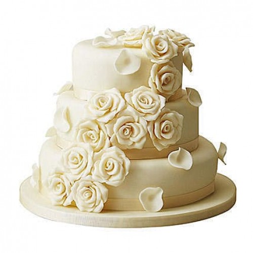 3 Tier White Rose Chocolate Wedding Cake Delivery in Faridabad