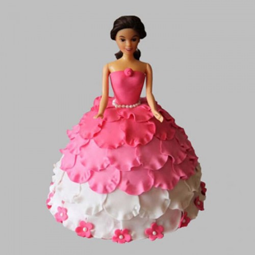 White & Pink Floral Barbie Fondant Cake Delivery in Faridabad