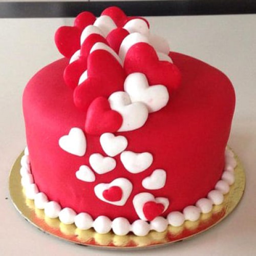 Red & White Heart Fondant Cake Delivery in Faridabad