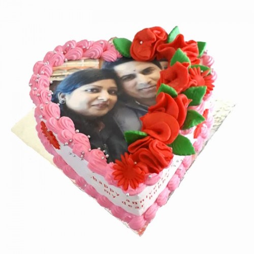 Pink Heart Flower Photo Cake Delivery in Faridabad