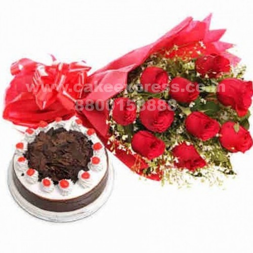 Black Forest Cake & Red Roses Bouquet Delivery in Faridabad