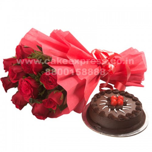 Chocolate Cake & Red Roses Bouquet Delivery in Faridabad
