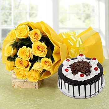Yellow Roses Bouquet & Black Forest Cake