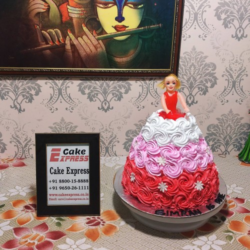 Tri Color Floral Roses Barbie Cake Delivery in Faridabad