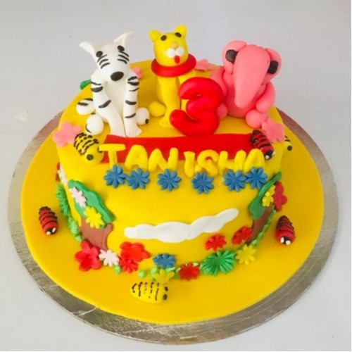 Animal Theme Yellow Fondant Cake Delivery in Faridabad