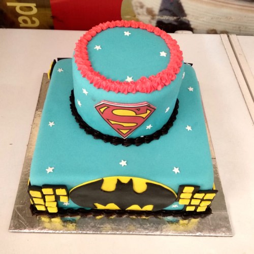 Batman and Superman Theme 2 Tier Cake Delivery in Faridabad
