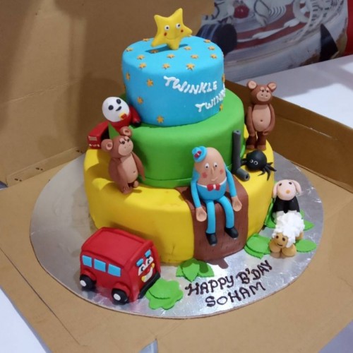 Cartoon Theme 3 Tier Fondant Cake Delivery in Faridabad