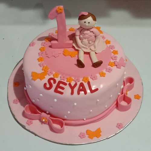 Girl 1st Birthday Pink Fondant Cake Delivery in Faridabad