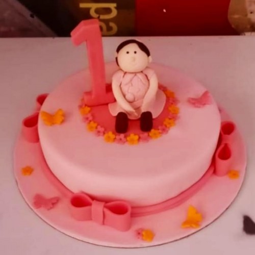 Little Girl 1st Birthday Pink Fondant Cake Delivery in Faridabad